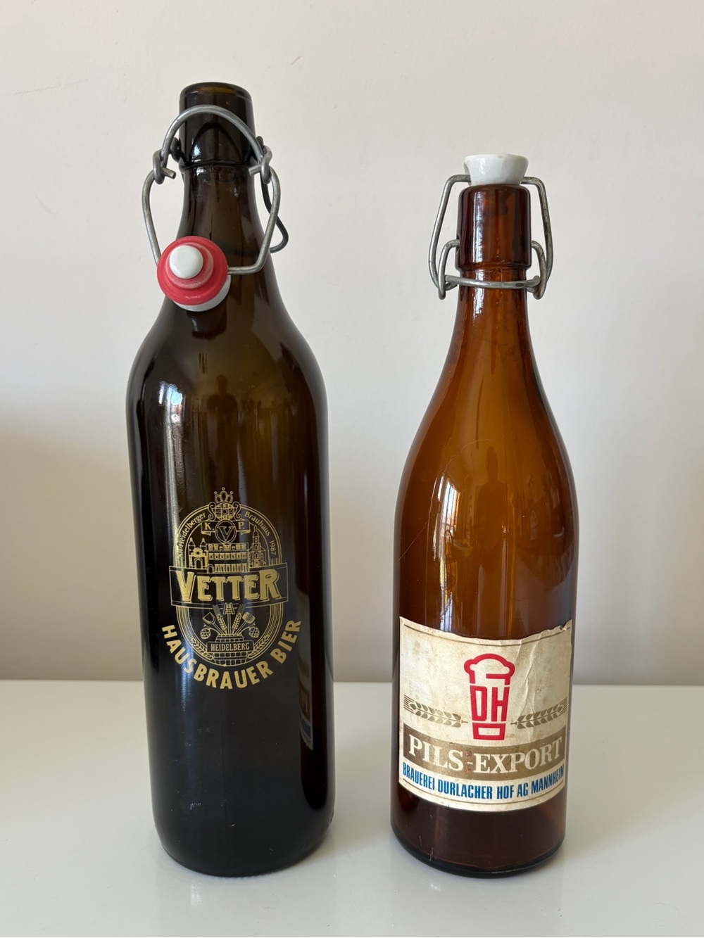 2 Amber Bottles Breweriana German Beer Labels Vintage Bar Cart Retro Decor